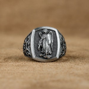 Unique Archangel Saintt Michael Silver Signet Men Ring, Religious Engraved Saint Michael Jewelry, Christian Ring For Dad, Modern Men Ring