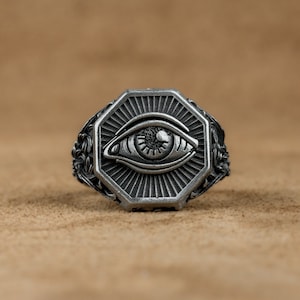 Silver Mason Ring, All Seeing Eye Men Ring, Eye of Providence Occult Illuminati Ring, Freemason Gift Ring ForFamily, Anniversary Gift