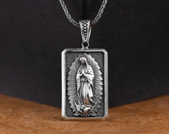 Wisiorek Guadalupe, Guadalupe Cudowna Dziewica Maryja Spersonalizowany Srebrny Naszyjnik Męski, Biżuteria Chrześcijańska, Prezenty Chrześcijańskie, Prezent Rocznicowy