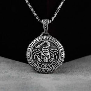 Scorpio Memento Silver Pendant Necklace, Zodiac Necklace in Biker, Horoscope Jewelry, Skull Scorpion Pendant, Anniversary Gift