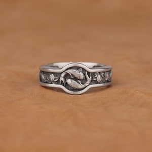 Koi Fish Surrounded by Lotus Flower Nature Inspired Band Ring, Handmade 925 Sterling Silver Unique Engagement Ring, Japanese Yin Yang Ring