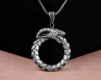 Wisiorek męski Ouroboros, srebrny naszyjnik męski Dragon, biżuteria Quroboros Dragon, srebrny wisiorek Dragon, prezent mitologiczny, prezent urodzinowy