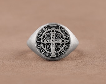 Saint Benedict Medallion Cross Pinky Ring, St Benedict of Nursia Symbol Ring in Sterling Silver, Patron Benedict Signet Ring, Religious Gift