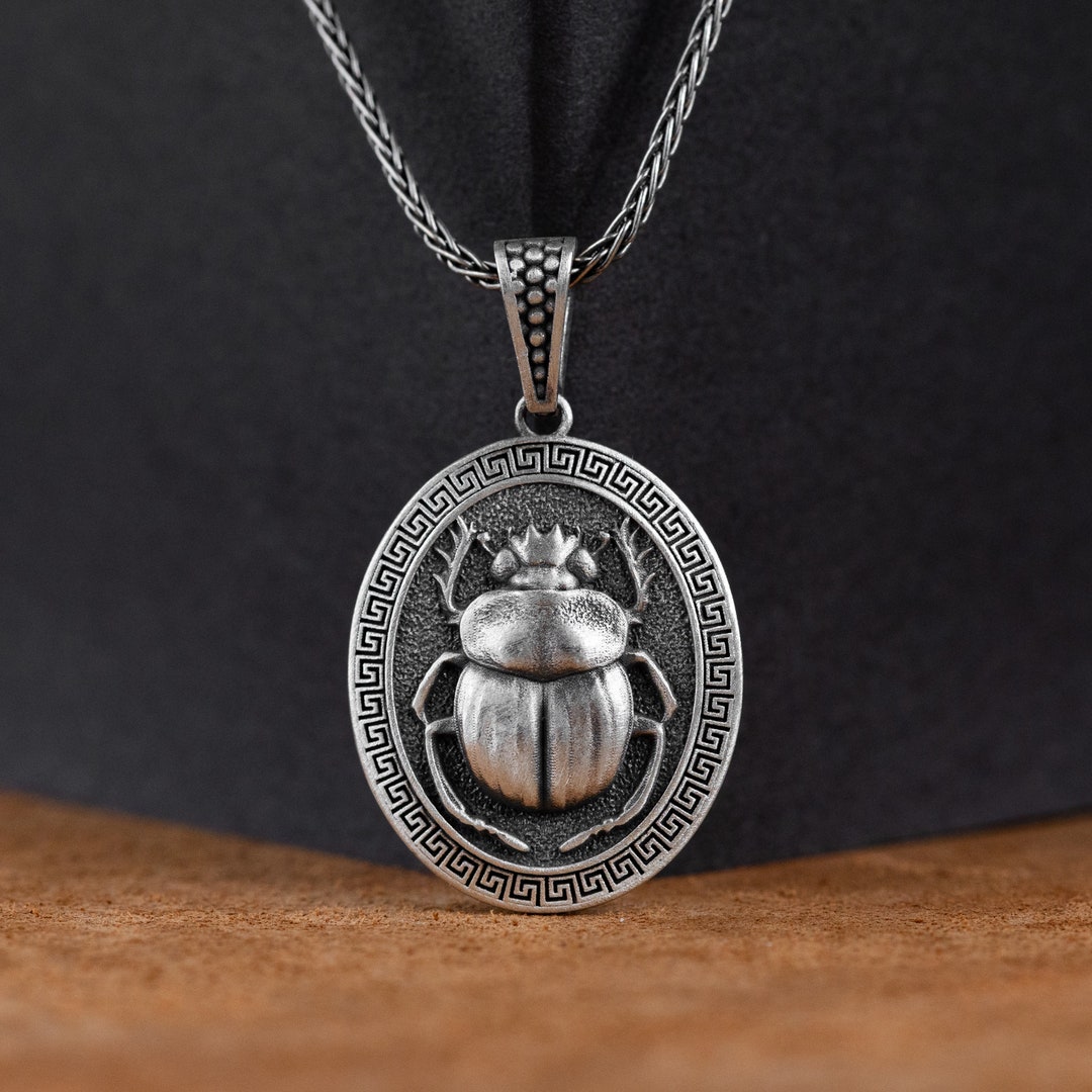 Scarab Silver Pendant, Egyptian Scarab Personalized Men Necklace