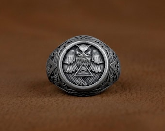 Freemason All Seeing Eye and Owl Signet Ring, The Square and Compasses Engraved Ornamented Mens Pinky Ring, Handmade Sterling Silver Ring