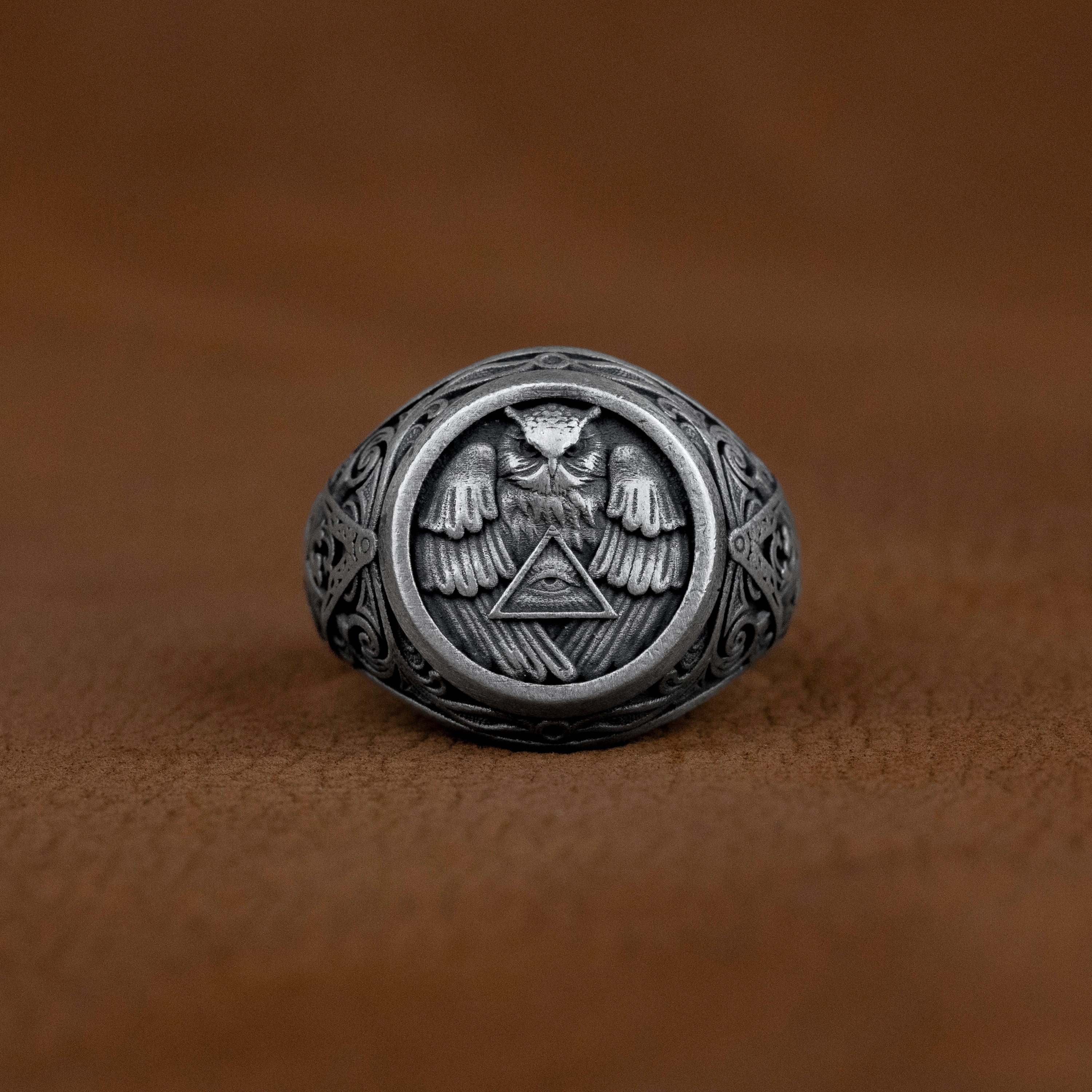 Freemason All Seeing Eye and Owl Signet Ring, The Square and Compasses Engraved Ornamented Mens Pink