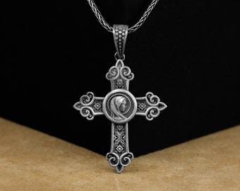 Virgin Mary Pendant, Virgin Mary Men Silver Necklace Cross Pendant, Sterling Silver Christian Cross Jewelry, Virgin Mary Crucifix Necklace