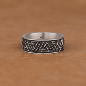 Handmade Engraved Viking Symbol Valknut Ring, 925 Sterling Silver Statement Ring with Norse Pagan Symbol, Mythology Jewelry, Gift For Him