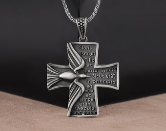 Cross Pendant with Pigeon and Prayer, Oxidized Silver Pigeon Necklace, Religious Pendant Necklace, Necklace for Family, Christian Necklace