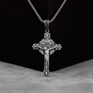 Silver INRI Crucifix Necklace, Crucifixion of Jesus Men Necklace Pendant, Sterling Silver Cross Necklace, Gift For Sister, Anniversary Gift