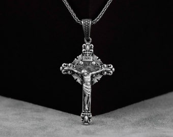 Silver INRI Crucifix Necklace, Crucifixion of Jesus Men Necklace Pendant, Sterling Silver Cross Necklace, Gift For Sister, Anniversary Gift