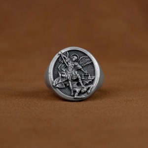 Saint Michael the Archangel Defeating Lucifer Signet Ring, Oval Sterling Silver Handmade Mens Ring, Meaningful Christianity Jewelry Gift