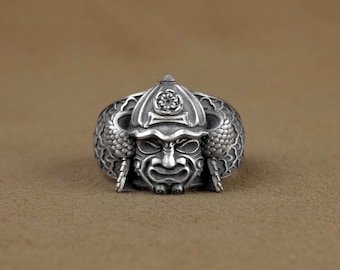 Japanese Samurai Silver Ring, Samurai and Dragon Silver Men Ring, Dragon Skine Samurai Ring, Japan Myth Jewelry, Birthday Gift, Men Ring