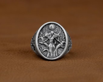 Night Angel Engraved Fantasy Silver Ring, Moon Angel Ring with Intaglio Tree, Oval Men Ring, Mystic Ring For Best Friend, Anniversary Gift