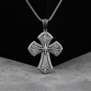 Religion Cross Silver Neckalce, Victorian Pattern Christian Cross Necklace, Religious Jewelry, Gift For Wife, Gift For Boyfriend Girlfriend