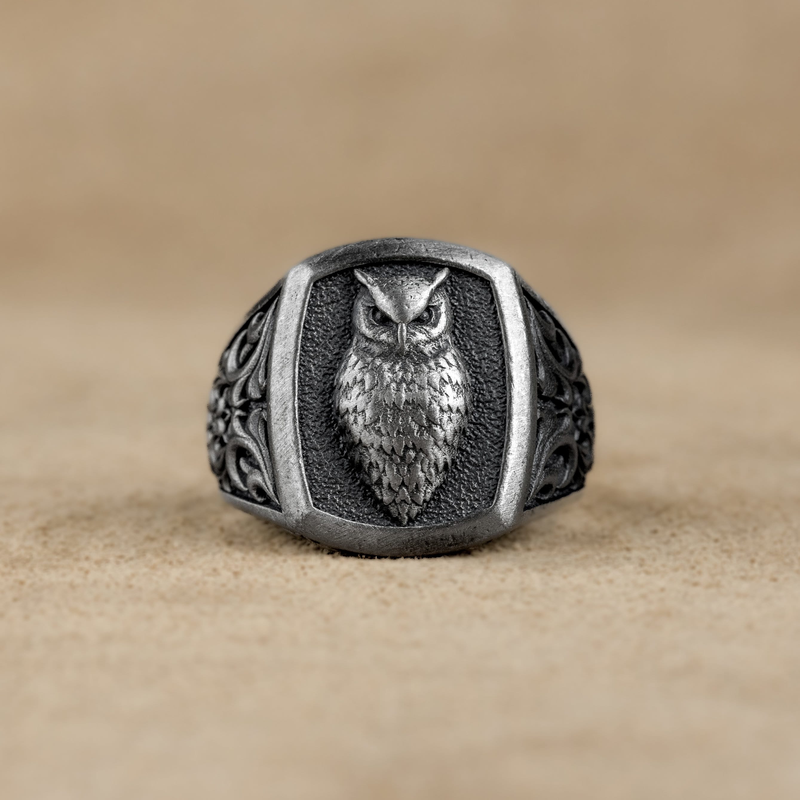 Handmade Owl Night Bird Modern Silver Men Ring, Nocturnal Animal Symbol of Wisdom Unique Ring Weddin