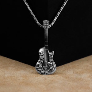 Guitar Pendant, Unique Guitar With Guitarist Silver Men Necklace, Rock N Roll Guitar Pendant, Bass Guitar Necklace Skull Bass Guitar
