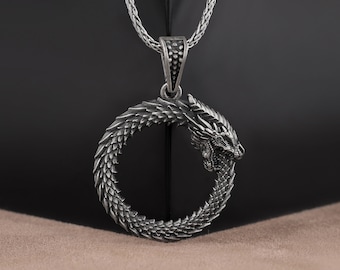 Ouroboros Necklace, Dragon Eating Its Own Tail Pendant, Mens Mythical Necklace, Oxidized Dragon Pendant, Dragon Silver Necklace for Her