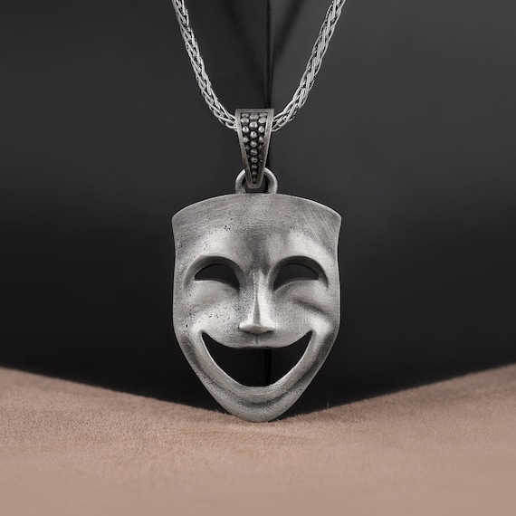 Comedy Mask Necklace, Sterling Silver Drama Mask Charm Pendant Comedy Mask Necklace, Sterling Silver Drama Mask Charm Pendant