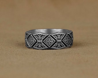 Anillo de banda floral, Anillo de banda de plata floral geométrico, Anillo de banda de boda de plata de ley con flor de lis, Anillo de compromiso, Regalo para esposa, Regalos para hombres