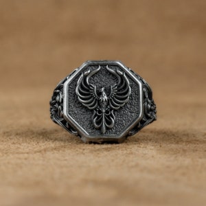 Immortal Phoenix Bird Silver Men Ring, Men Signet Ring, Greek Mythology Phoenix Jewelry, Renewal Symbol Gift Ring, Birthday Gift, Men Gift