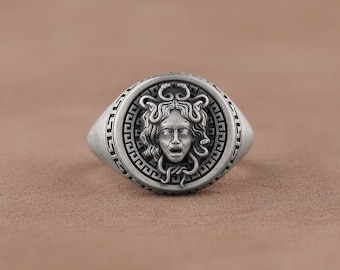 Gorgon Medusa Head Pinky Ring, Greek Mythology Ring for Men, Handmade 925 Sterling Silver Signet Ring, Unique and Cool Mens Statement Ring