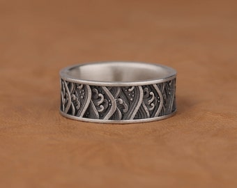 Japanese The Great Wave of Kanagava Engraved Promise Rings for Couples, 925 Sterling Silver Mens Wedding Ring, Elegant Mythology Jewelry
