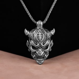 Collier pendentif breloque homme argent masque Oni, collier masque Hannya, bijoux pendentif gothique démon, collier diable, cadeau pour mari, cadeau homme