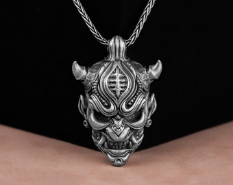 Oni Mask Silver Men Charm Pendant Necklace , Hannya Mask Necklace, Demon Gothic Pendant Jewelry, Devil Necklace, Gift For Husband, Men Gift