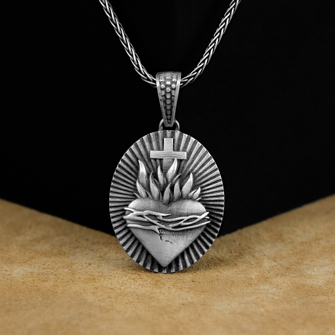 Sacred Heart Pendant, Unique Sacred Heart of Jesus Silver Men Necklace ...