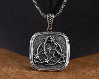 Triquetra Pendant, Floral Triquetra Knot Men Necklace, Celtic Trinity Knot Symbol From Flower Branch, Occult Necklace, Pagan Gift Necklace