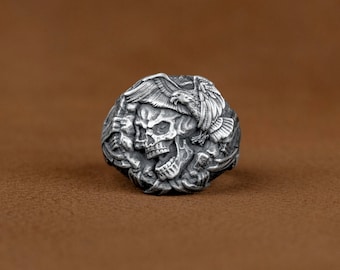 Biker Silver Ring, Unique Gothic Skull Men Ring, Raven with Skull Head Sterling Silver Ring, Oxidized Jewelry, Gift For Wife, Birthday Gift