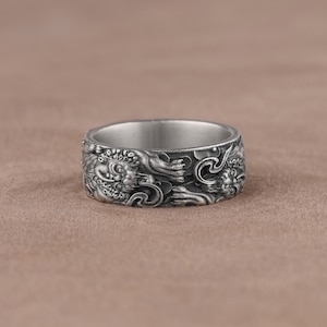 Chinese Tiger Band Ring, Traditional Ornament Ring, Handmade Sterling Silver Ring, Ring for Men, Chinese Tiger Silver Jewelry, Ethnic Ring