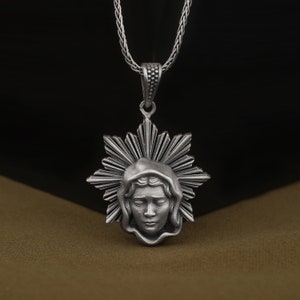 Holy Mother Virgin Mary Necklace, Handmade Textured Sterling Silver St Mary Necklace, Religious Jewelry for Mother&#39;s Day, Christian Necklace