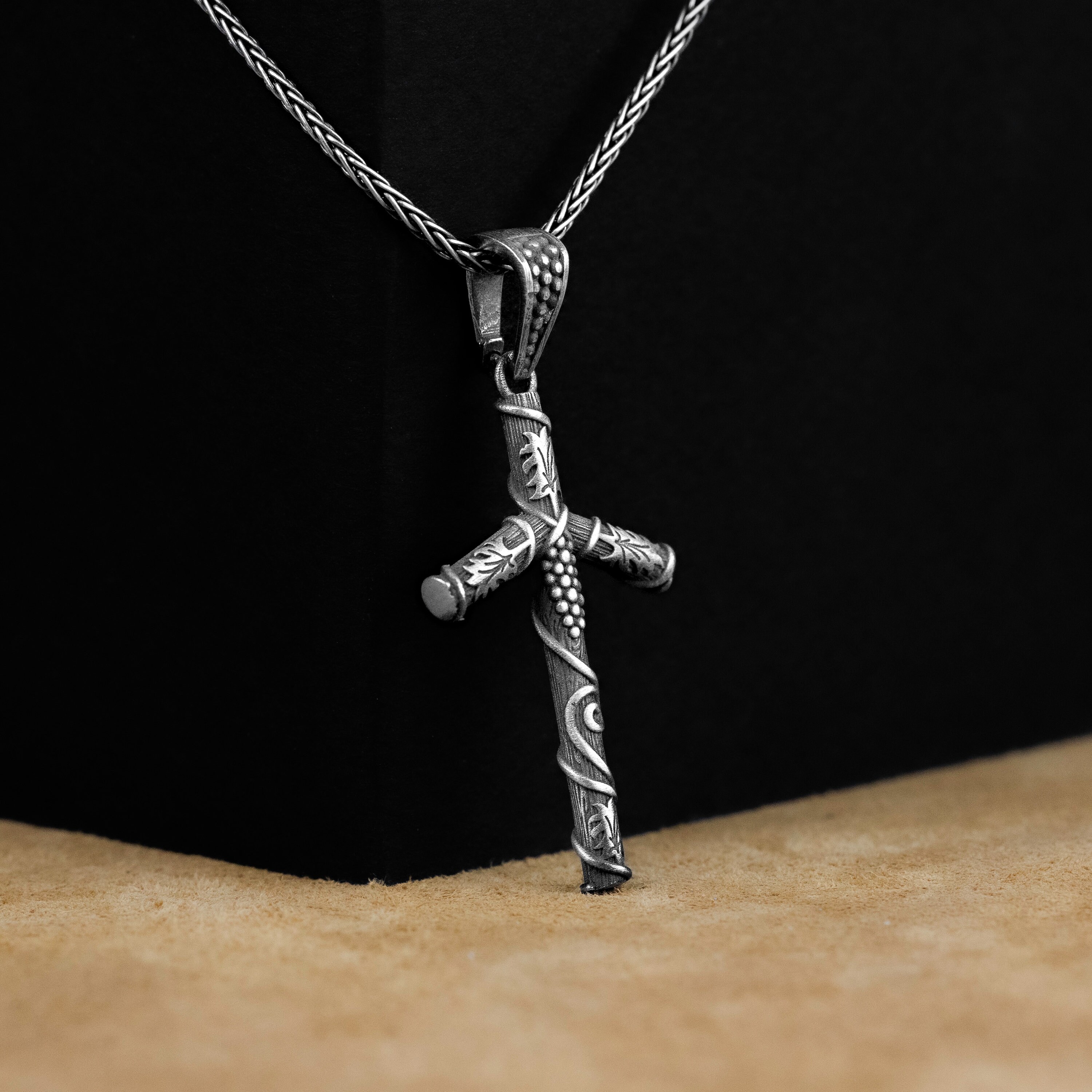 Silver Saint Nino's Crucifix Necklace, Grape Cross Men Pendant