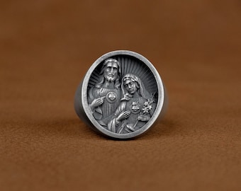 Mother Mary with Jesus Christ Sacred Heart Engraved Signet Ring, Realistic Religious Portrait Mens Signet Ring, Unique Christianity Jewelry