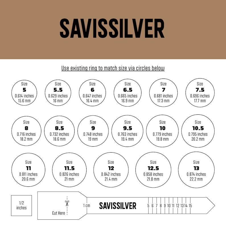 May include: A chart with circles showing different ring sizes in inches and millimeters. The chart is labeled "SAVISSILVER" and includes a ruler with markings for inches and centimeters.