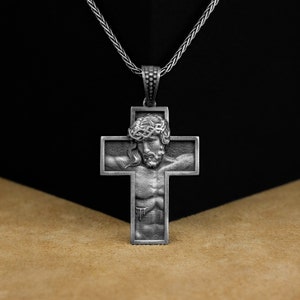 Minimalist Crucifix Men Cross Silver Necklace, Cross Messiah Jesus Pendnat, Faithful Necklace, Religious Jewelry, Catholic Anniversary Gift