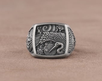 Stork Bird Flower Ornament Ring, Traditional Silver Egret Wedding Ring, Silver Band Ring for Men, Handmade Pinky Ring, Japanese Amulet Ring