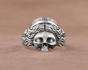 Aphrodite Skull Gothic Pinky Ring, Goddes Venus Statement Ring, Handmade Sterling Silver Biker Ring, Cool Greek Mythology Ring For Her