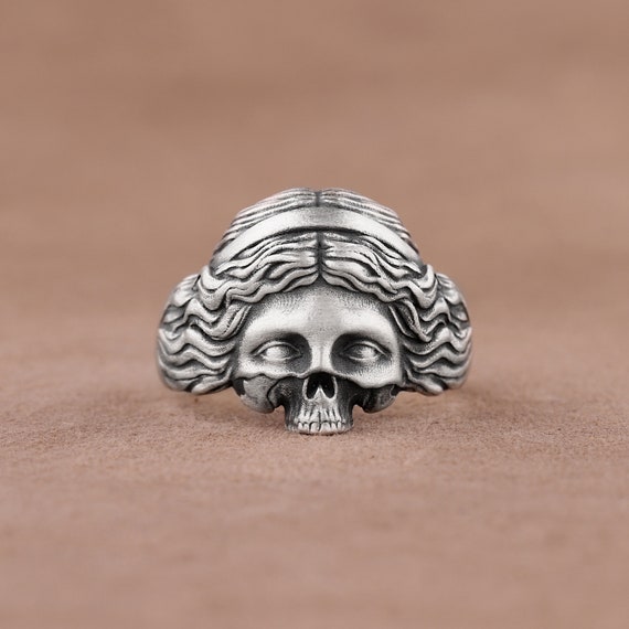 Aphrodite Skull Gothic Pinky Ring, Goddes Venus Statement Ring, Handmade Sterling Silver Biker Ring, Cool Greek Mythology Ring For Her