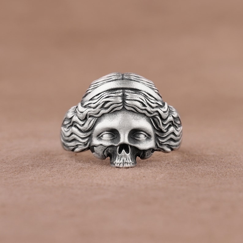 Aphrodite Skull Gothic Pinky Ring, Goddes Venus Statement Ring, Handmade Sterling Silver Biker Ring, Cool Greek Mythology Ring For Her image 1