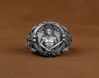 Saint Michael Archangel Silver Men Ring, Archangel with Shield and Sword Silver Ring, Unique Christian Symbol Jewelry, Gifts For Husband