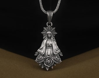 Mother Mary in Roses Pendant, Handmade 925 Sterling Silver Religious Jewelry, Unique and Meaningful Gifts For Mothers, Catholic Jewelry
