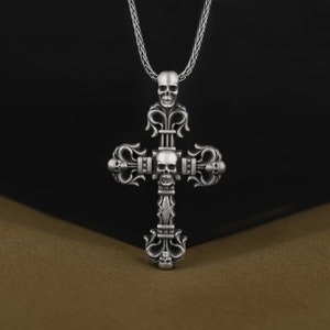 Gothic Cross with Skulls Pendant in 925 Sterling Silver, Cool and Unique Biker Necklace, Handmade Jewelry, Birthday Gifts for Boyfriend