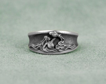Anillo de banda de plata Horóscopo Acuario, Anillo de Acuario del Zodíaco unisex, Joyería de plata oxidada, Regalo para la madre, Anillo de banda de regalo de aniversario