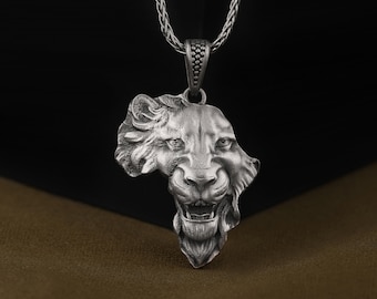 Africa Continent Shaped Lion Face Necklace, 925 Sterling Silver Handmade Leo Necklace, Handmade Textured Animal Necklace, King of the Jungle