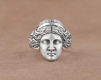 Gesicht der römischen Göttin Venus Statement Ring, griechische Göttin der Liebe Aphrodite Ring in 925 Sterling Silber, cooler und einzigartiger Biker Ring