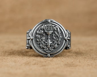 Eucharist Holy Communion Silver Men Ring, Unique Design Christan Ring, Mens ChristianGift, Holy Grail Silver Signet Ring, Anniverary Gift