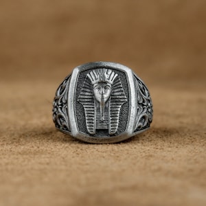 Ancient Egypt Pharaoh King Tutankhamun Signet Silver Ring, Egyptian Mythology Men Ring, Tutankhamun  Silver Ring For Husband, Gift For Wife
